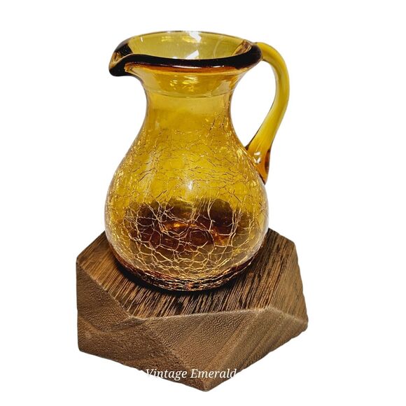 Vtg Handblown Cruet Mini Pitcher 4 In Amber Crackle Art Glass & Wooden Base Set - Picture 2 of 14